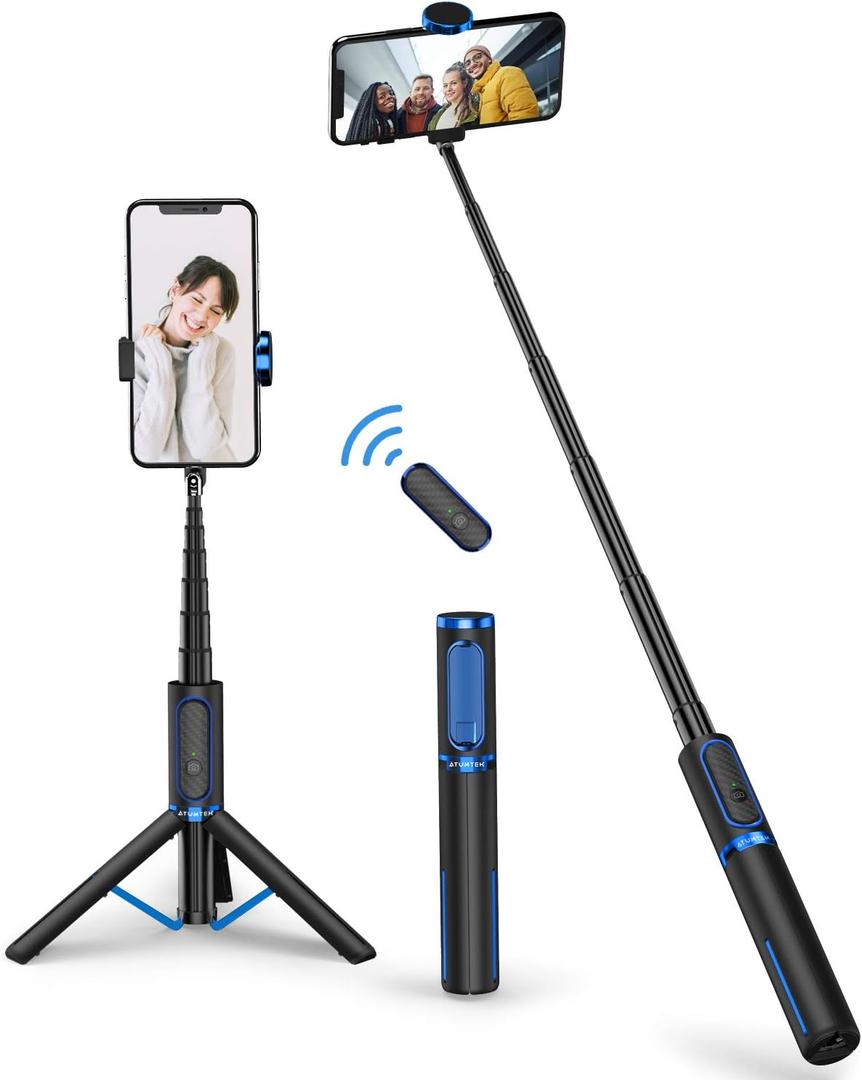 ATUMTEK Selfie Stick Tripod, 3-in-1 Extendable Aluminum Phone Tripod with Detachable Bluetooth Remote, Compatible with iPhone 17/16/15/14/13/12/11/11 Pro/XS Max/XR and Samsung Smartphones, Blue