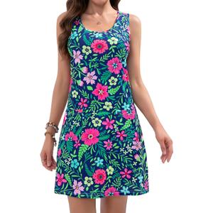 CAMSSOO Womens Summer Dresses 2025 Casual Sleeveless Beach Dress Loose Scoop Neck Boho Floral Sundresses with Pockets (Large, Blue Pink Floral)
