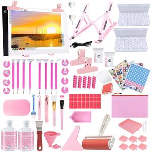 DNSGOOR 186Pcs All Inclusive Diamond Art Accessories Kit Diamond Painting A4 LED Light Pad Set with Diamond Art Sealer Glue Stand Storage Case Pens 5D Painting Tools for DIY Drill Craft (Pink)