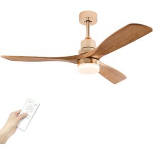 Modern Indoor Ceiling Fan with Light Remote Control, 3 Solid Wood Blades, 6 Speed DC Motor, 22W Dual Color LED, Outdoor Ceiling Fan Chandelier for Living Room, Bedroom, Patio, Dining Room (Gold A, 52inch)