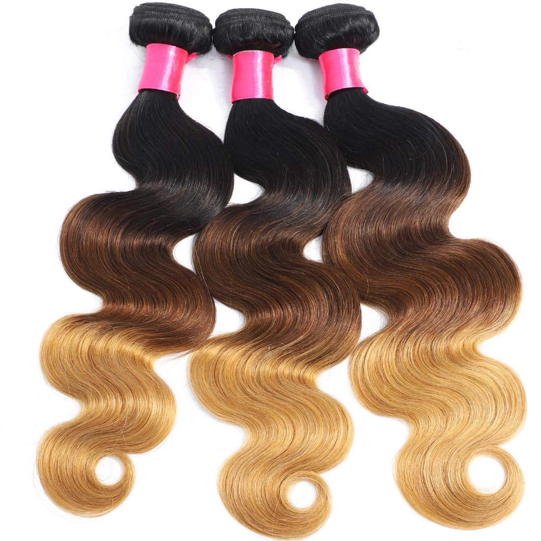 Ombre Human Hair Bundles 1b/4/27 Three Tone Brazilian Ombre Body Wave 3 Bundles 16 18 20inch 100% Unprocessed Virgin Human Hair Bundles Weaves Extensions for Women