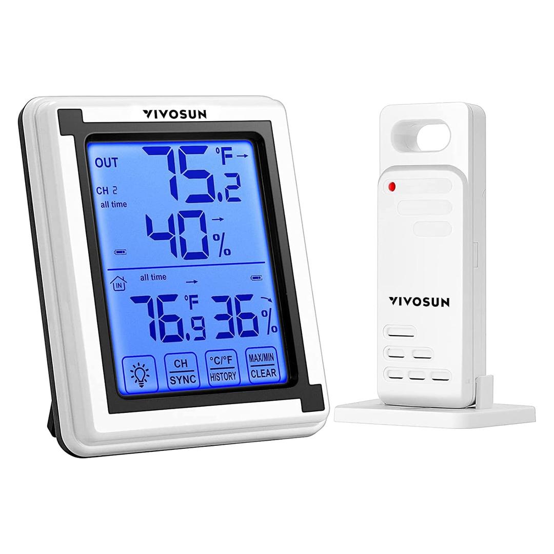 VIVOSUN Indoor Outdoor Thermometer Wireless Digital Hygrometer Temperature and Humidity Monitor with Touchscreen LCD Backlight, 200ft/60m Range, Battery Included (1 Remote Sensors)