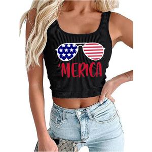 American Flag Crop Tank Tops Women 4th of July Patriotic T Shirt Girls USA Flag Stars Stripes Graphic Cami Tops (Small, Black4)