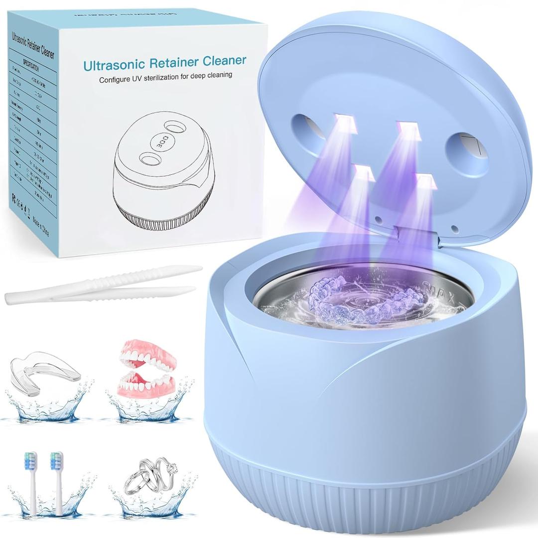 Dental Ultrasonic Retainer Cleaner Machine - Dental Cleaning Pod for Denture, Mouth Guard, Aligner, Night Guard, Braces, Toothbrush Heads, Jewelry, 45kHz Retainer Cleaner with Digital Timer & 200ML (Blue)