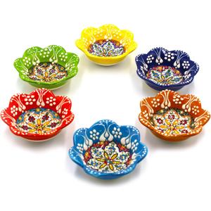 6 Pcs Daisy Shaped Hand Painted Decorative Serving Turkish Tiny Bowls - Handmade Ceramic Bowl - Set of 6 (3.7 inc/9.5cm) 2.5 Oz Pinch Multicolor Small Serving Bowls - Best Gift Set