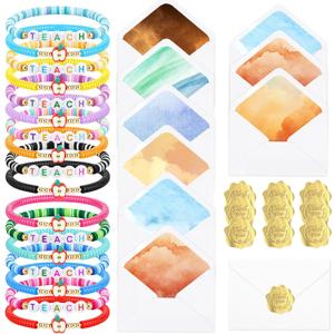 Sureio 9 Pcs Back to School Teacher Bulk Teacher Appreciation Gifts Elastic Clay Beaded Gift with Greeting Cards Envelopes Gold Foil Stickers for First Day of School