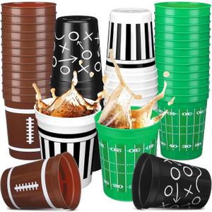 Tioncy 24 Pack Football Plastic Cups 16 oz Football Theme Reusable Cups 4 Designs Plastic Drinking Glass Bulk Assorted Sports Rugby Party Supply Drinkware for Coffee Beer Cream Snacks