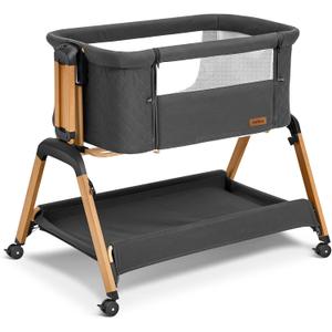 Bassinet Bedside Sleeper, Rocking Bassinets with Comfy Mattress and Wheels for Newborn, 5-Height Adjustable (Black)