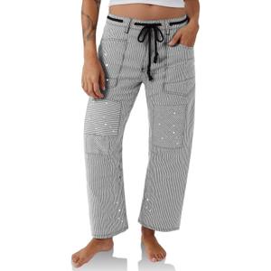 PLNOTME Womens Baggy Barrel Horseshoe Jeans Wide Leg Patchwork Low Rise Denim Pants with Pockets (8, Black White)
