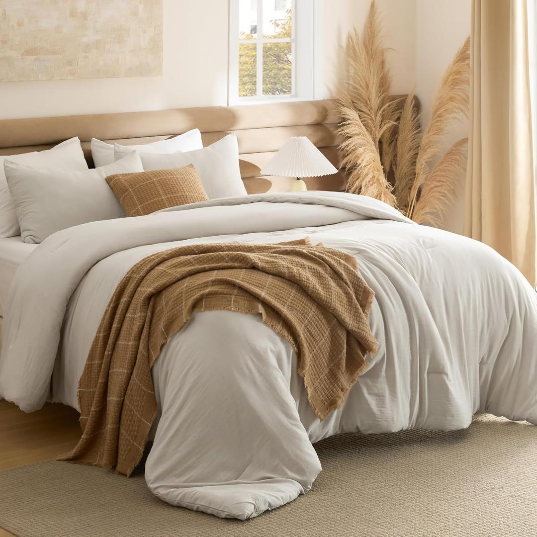 Bedsure Full Comforter Set, Beige Soft Prewashed Bedding for All Seasons, 3 Pieces GentleSoft Bed Set, 1 Lightweight Comforter (82"x86") and 2 Pillowcases (20"x26")