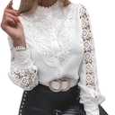 Rooscier Women's Lace Crochet Mock Neck Long Sleeve Button Elegant Blouse Shirt Top (Large)