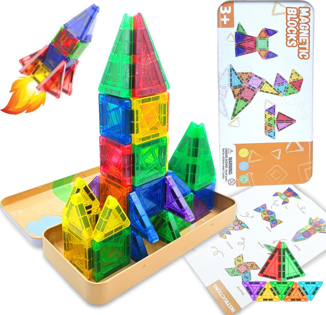 Hqyib Mini Magnetic Tiles Travel Magnetic Tiles, 26 PCS Magnetic Building Blocks Set with Strongest Magnets, Travel Toys Christmas Toy Gift Ages 3-5 5-7 4-8 Boys and Girls