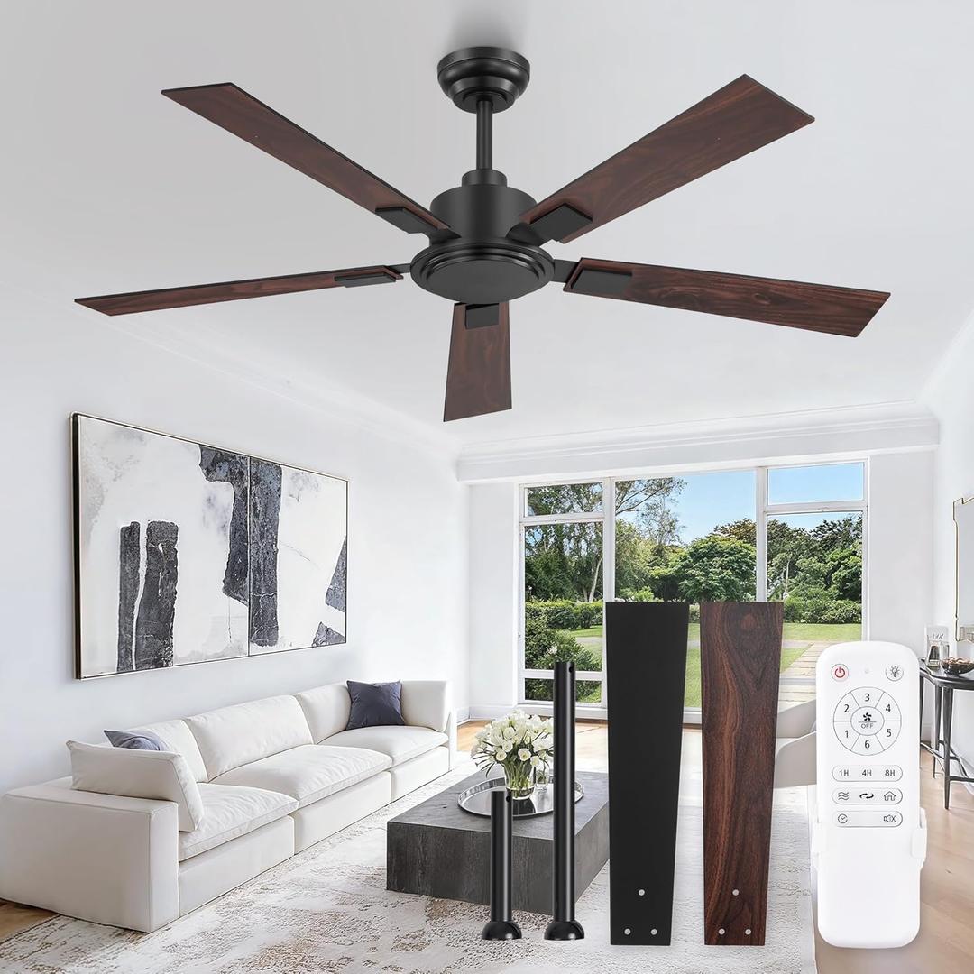 ZMISHIBO 52 Inch Ceiling Fan No Light with Remote Modern Black Ceiling Fan with Quiet Reversible DC Motor,6-Speeds 5 Blades, Indoor/Outdoor Ceiling Fans Without Light for Patios, Living Room, Garage