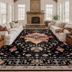 RELEANY Area Rugs 10'x12' Washable Non-Slip, Floral Vintage Distress Print Pattern Medallion Carpet for Living Room Bedroom Dining Room, Black Colorful Floral Dark Tan