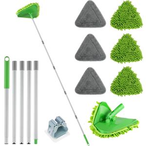 RONSUNG Wall Cleaner Triangle Mop with 82'' Long Handle - Wall Scrubber, Cleaning Washer Tool with 6 Pads for Clean Walls, Ceiling, Windows, Floors, Baseboards (Green)