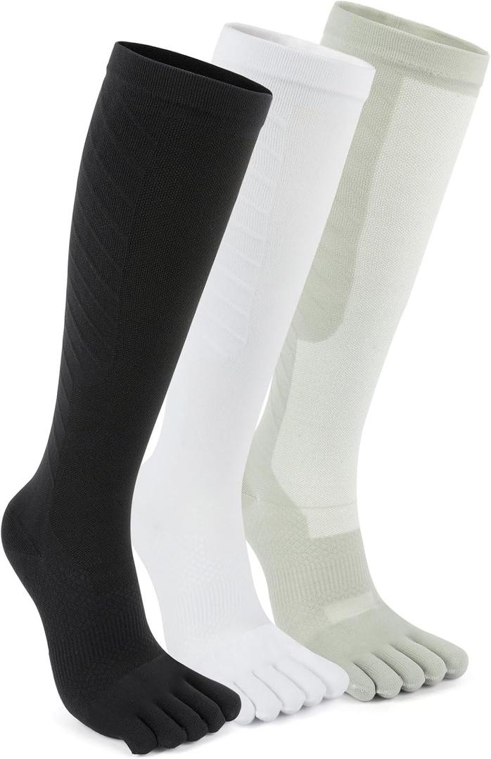 Compression Toe Socks for Men and Women 15-20mmHg, 3 Pairs, Knee High Five Finger Stockings, Medium