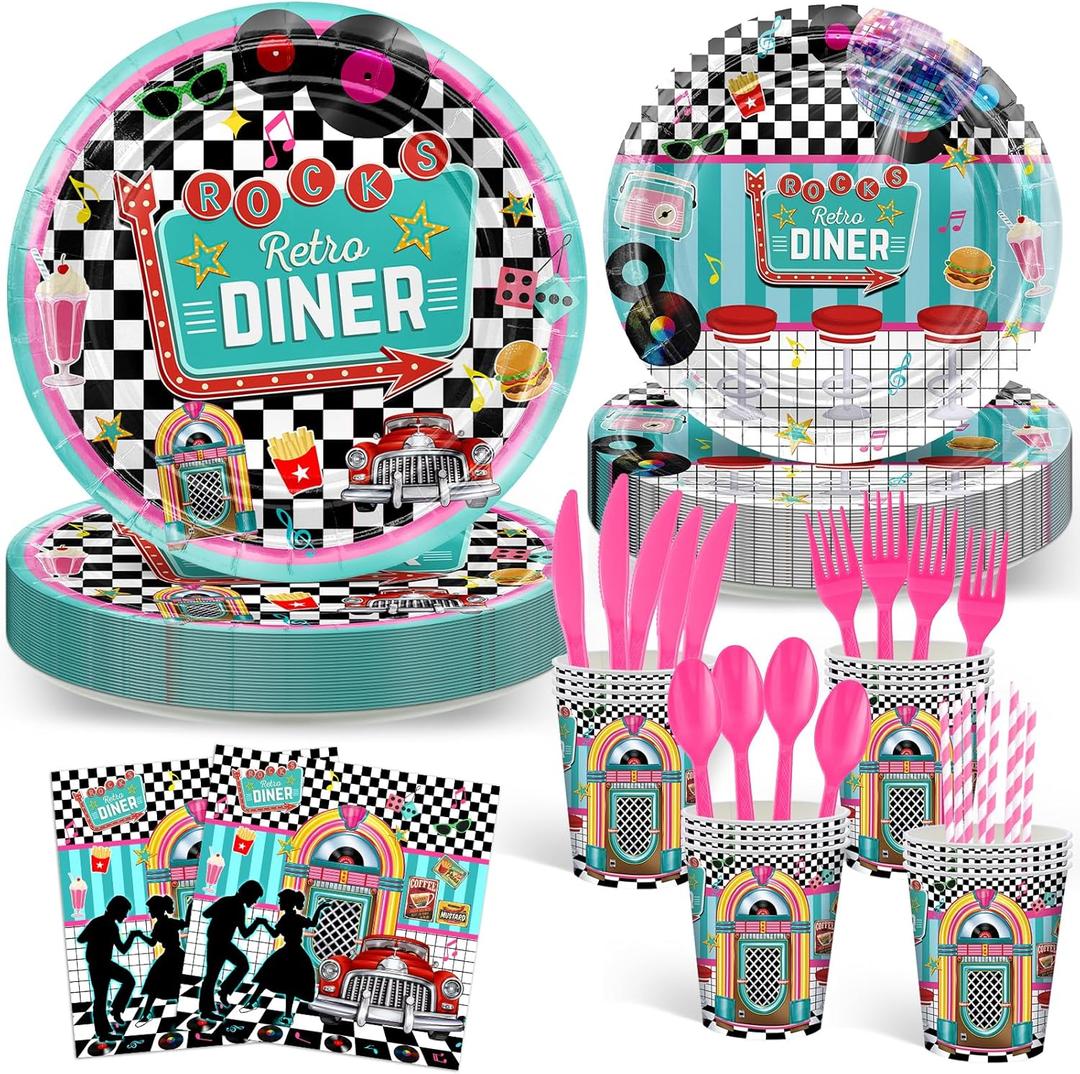 Avezano 192 Pcs 50s Party Plates Napkins 1950's Theme Rock Roll Party Tableware Back to 50s Disposable Paper Plates Napkins for Birthday Anniversary Party Decor Supplies for 24 Guests