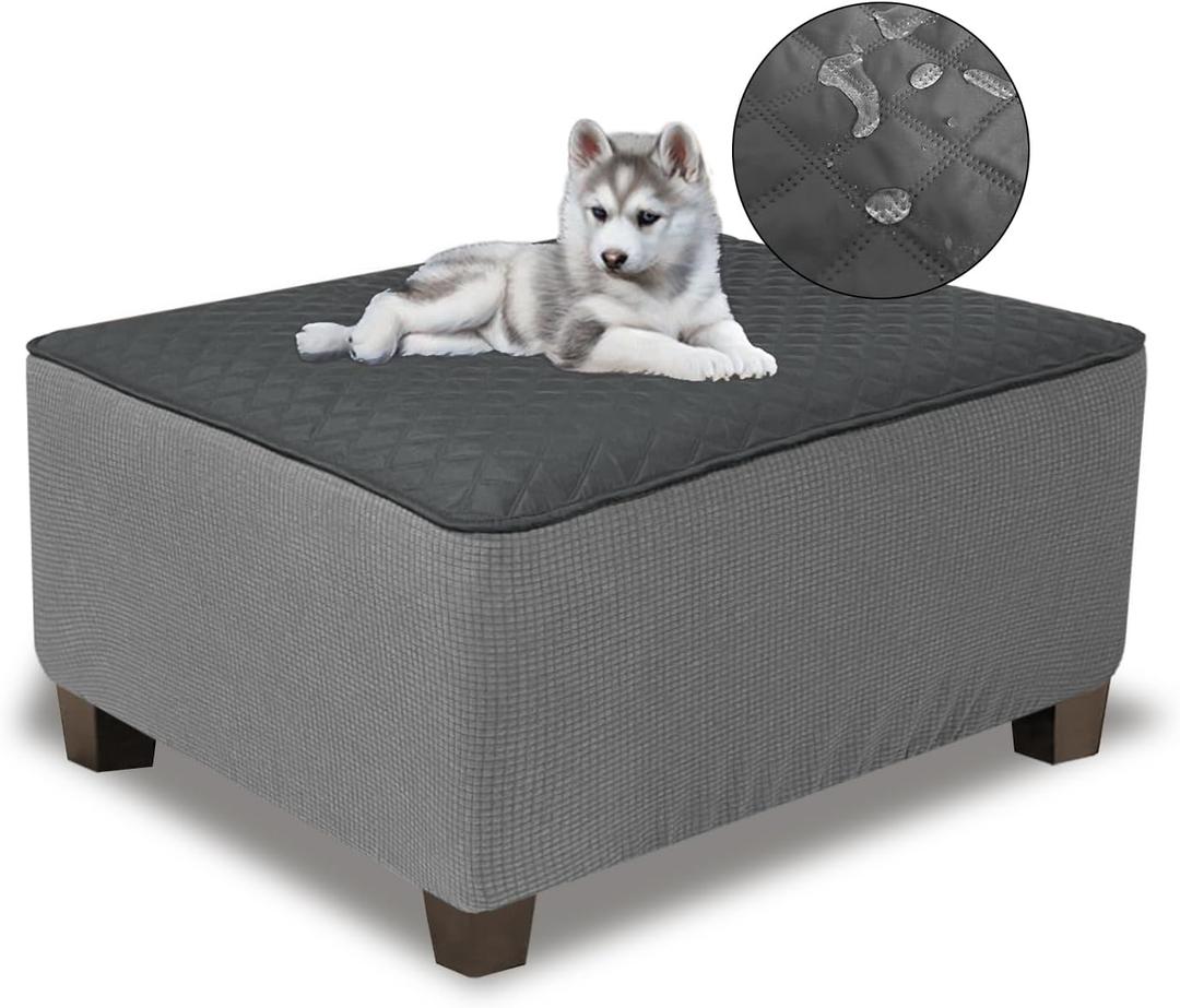 NeColorLife Ottoman Cover Rectangle Waterproof Ottoman Slipcover Rectangular Thick Storage Footrest Stool Covers Furniture Protector for Pets(Large,Dark Gray&Light Gray)