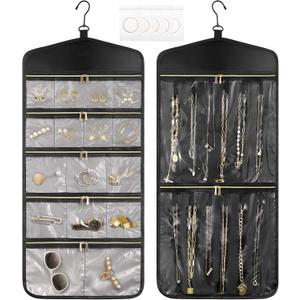 CHICECO Travel Jewelry Holder Organizer,Hanging Jewelry Organizer Storage with Zippered Pockets for Cloest,Jewelry Holder for Earrings, Necklaces (Grey Black)