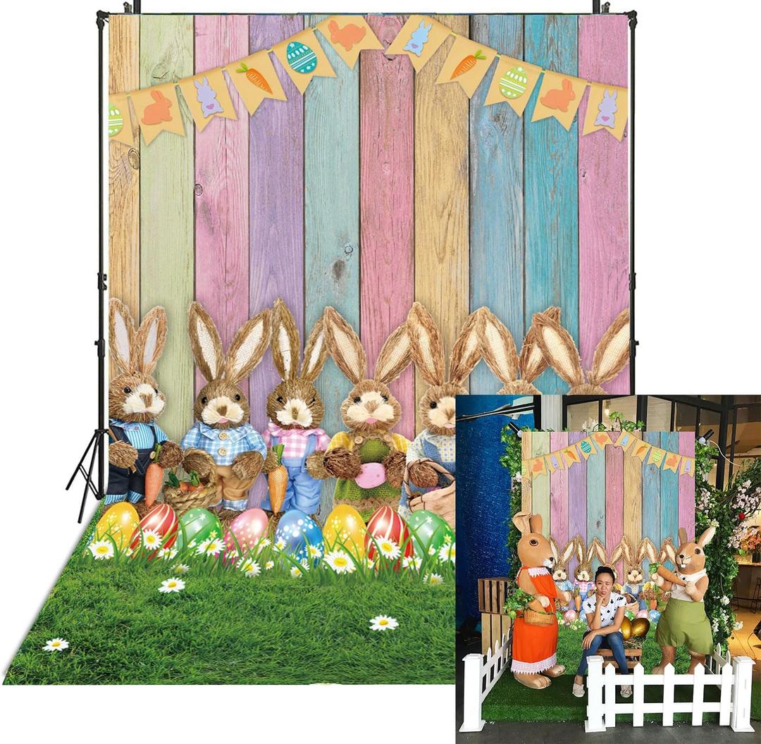 6x8FT Easter Backdrop Colorful Wood Backdrop for Photography Rabbit Eggs Grass Spring Background Banner Easter Party Decoration Kids Birthday Baby Shower Photo Booth Props (6X8FT)