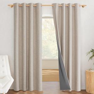 NICETOWN Farmhouse Style 100% Blackout Oatmeal Linen Curtains 90 inches Length, 2 Panels, 52" W, Room Cooling Window Draperies with Thermal Insulated Liners for Dining Room