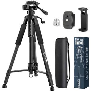 CIGMAN 59-inch Lightweight Adjustable Laser Level Tripod with 3-Way Swivel Pan Head, Bubble Level, Phone Holder, Quick Release Plate with 1/4" Screw Mount & 5/8" UNF Adapter Nut, Camera & Phone Tripod