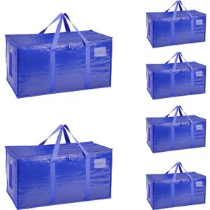 6 Pack-Extra Large Heavy Duty Moving Bags - Waterproof Storage Totes with Handles & Zippers, Foldable for College Dorm, Storage (Blue)