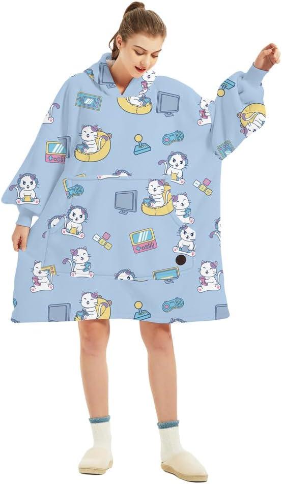 THREE POODLE Wearable Blanket Hoodie for Women, Oversized Sherpa Sweatshirt Blanket for Adults Men, Cozy Cat Hooded Blankets, Gifts for Teen Girls Women Mom Sister