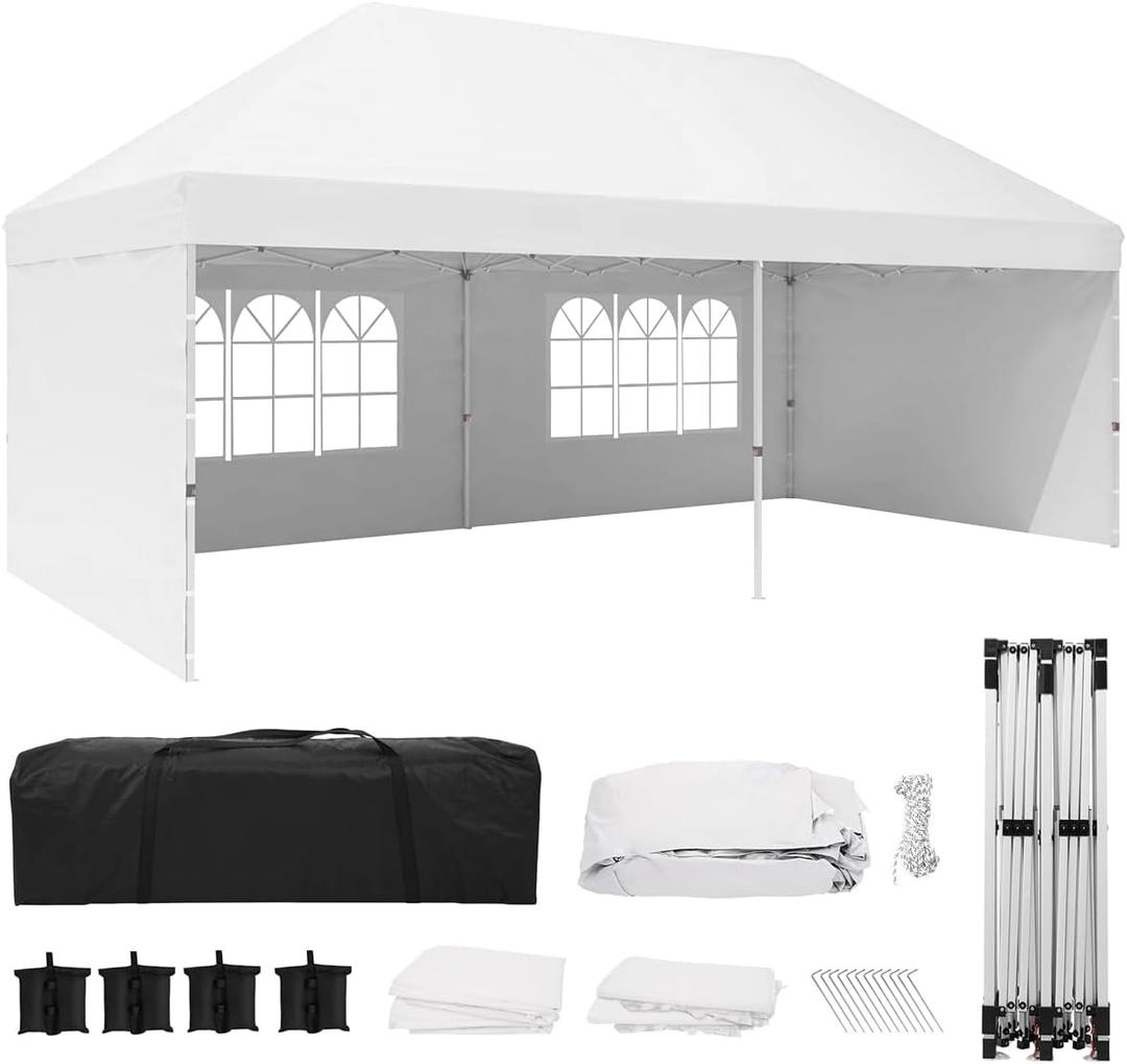 Eachbid 10' x 20' Pop Up Canopy Gazebo Commercial Tent with 4 Removable Sidewalls, Large Party Tent, Event Shelter Gazebo Canopy with 4 Sandbags, Stakes X12, for Patio Party Weddings Picnic (White)
