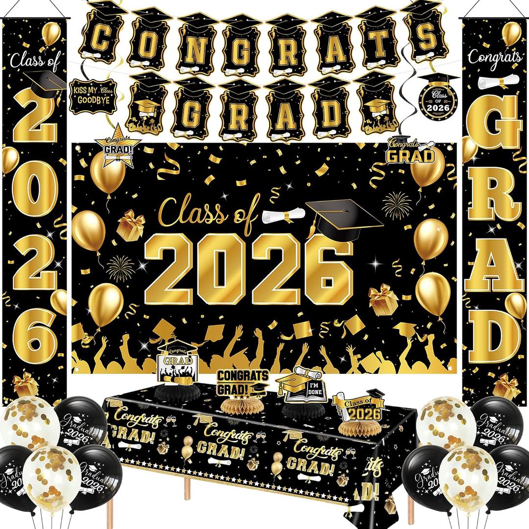 Crenics Black and Gold Graduation Decorations - Class of 2026 Backdrop, Banner, Tablecloth, Porch Banner, Haning Swirls, Honeycomb Centerpieces and Balloons for Graduation Party Supplies