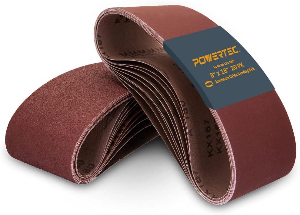 POWERTEC 3 x 18 Inch Sanding Belts, 5 Each of 40/60/80/120 Grits, 20PK, Aluminum Oxide Belt Sander Sanding Belt Assortment for Portable Belt Sander, Wood & Paint Sanding, Metal Polishing (110802)