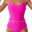 Eomenie Tankini Swimsuit for Women Tummy Control Ruched Two Piece Bathing Suits High Waisted Shell Stitch Swimwear (X-Large, Hot Pink)