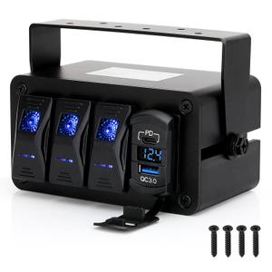 3 Gang Waterproof Aluminum Rocker Switch Box, 12-24V SPST ON/Off Toggle Switch Box with PD Type C and QC3.0 USB Fast Charging, LED Voltmeter,DIY Stickers for Boat, Car, Truck, Jeep