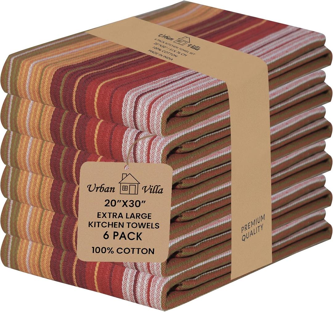 Urban Villa Kitchen Towels Harvest Stripes Towels Set of 6 20" X30 100% Cotton Highly Absorbent Quick Drying Dish Cloths & Dish Towels Thanksgiving Fall Tea Towels with Hanging Loop Towels