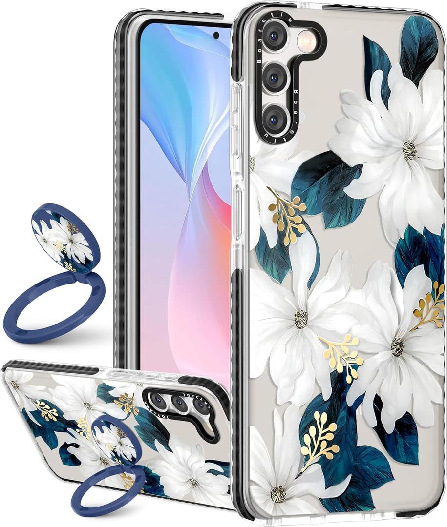 Boaretiu for Samsung Galaxy S23 Case - Cute Kawaii Fashion Cool 360 Rotate Ring Holder Kickstand Blue Flower for Women Girls Boys Teens Girly for Galaxy S23 Case with Stand