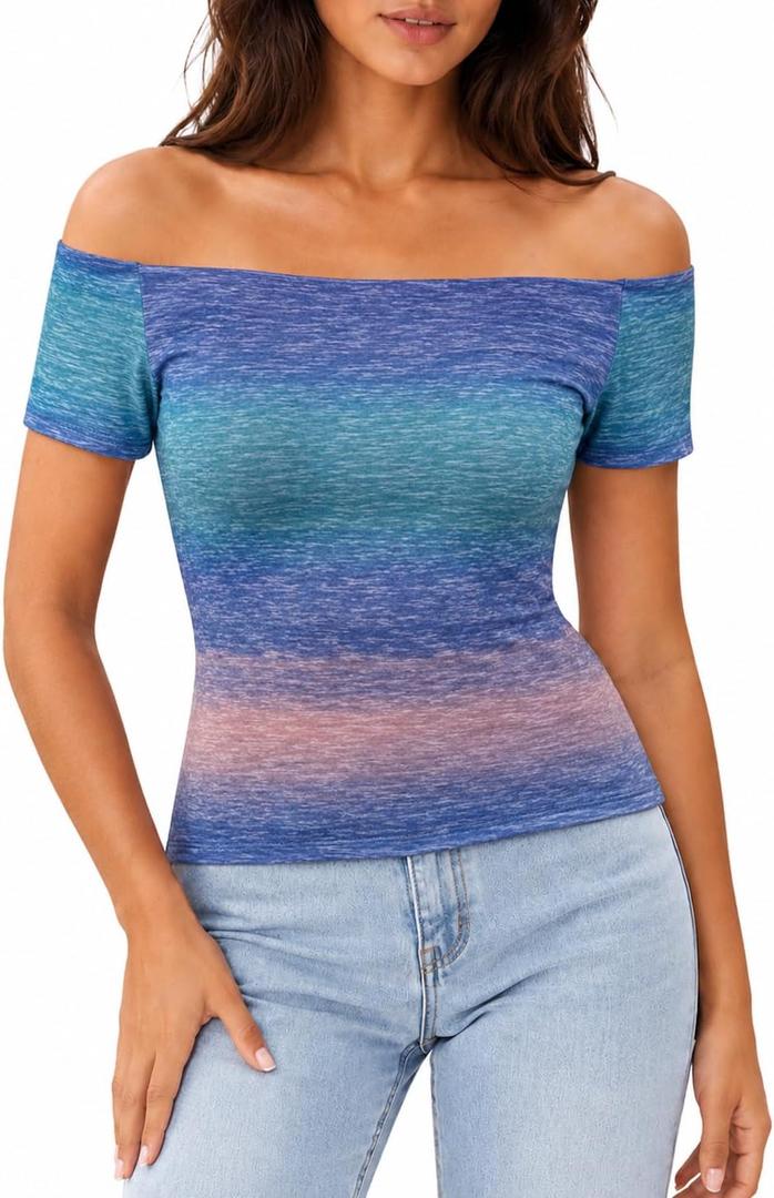 LilyCoco Off The Shoulder Tops for Women Striped Short Sleeve Sexy Going Out Top Multicolor Large (L)
