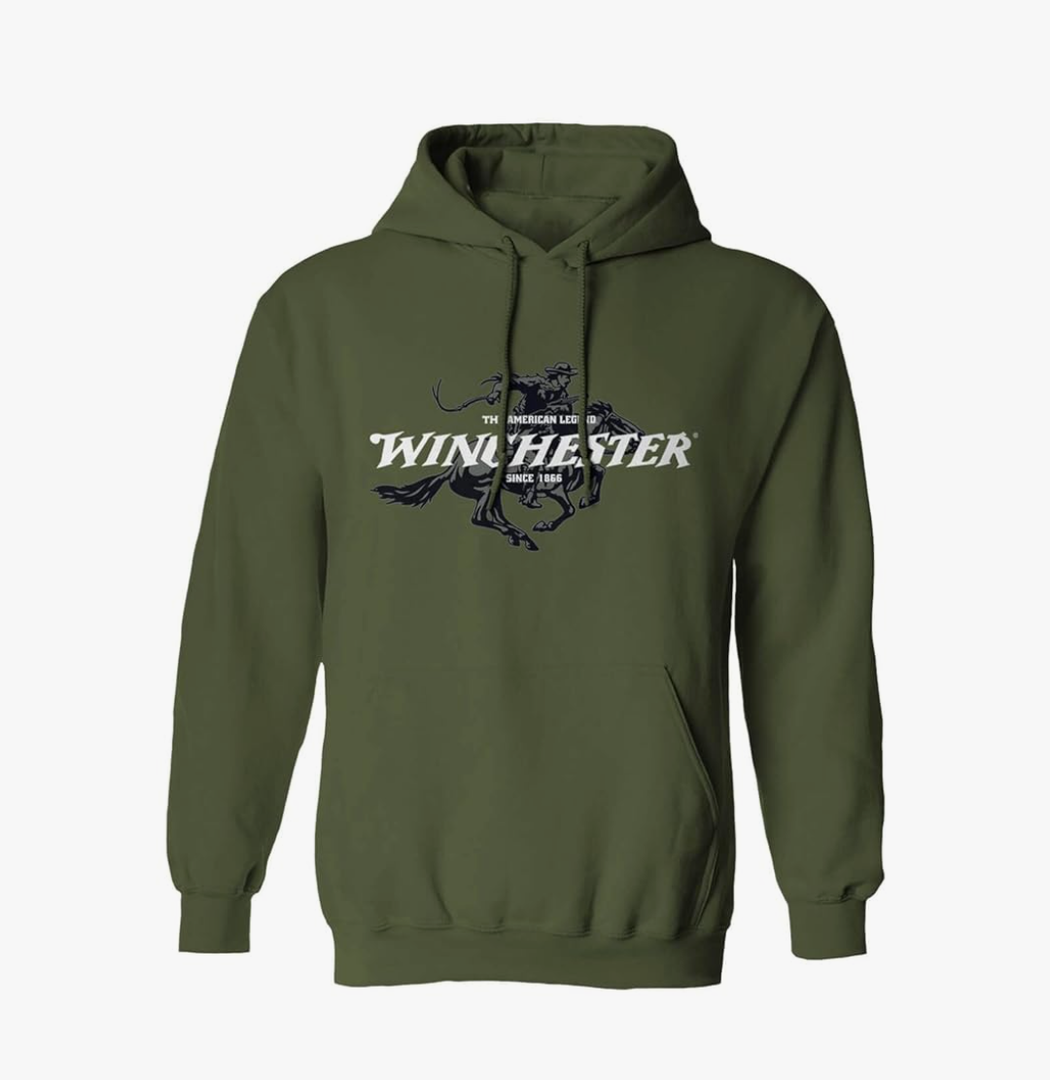 Winchester Classic Rider Hoodies for Men & Women- Sweatshirt for Army Veterans, Ammo & Gun Lovers-Gildan Fleece-Grey & Green XXL