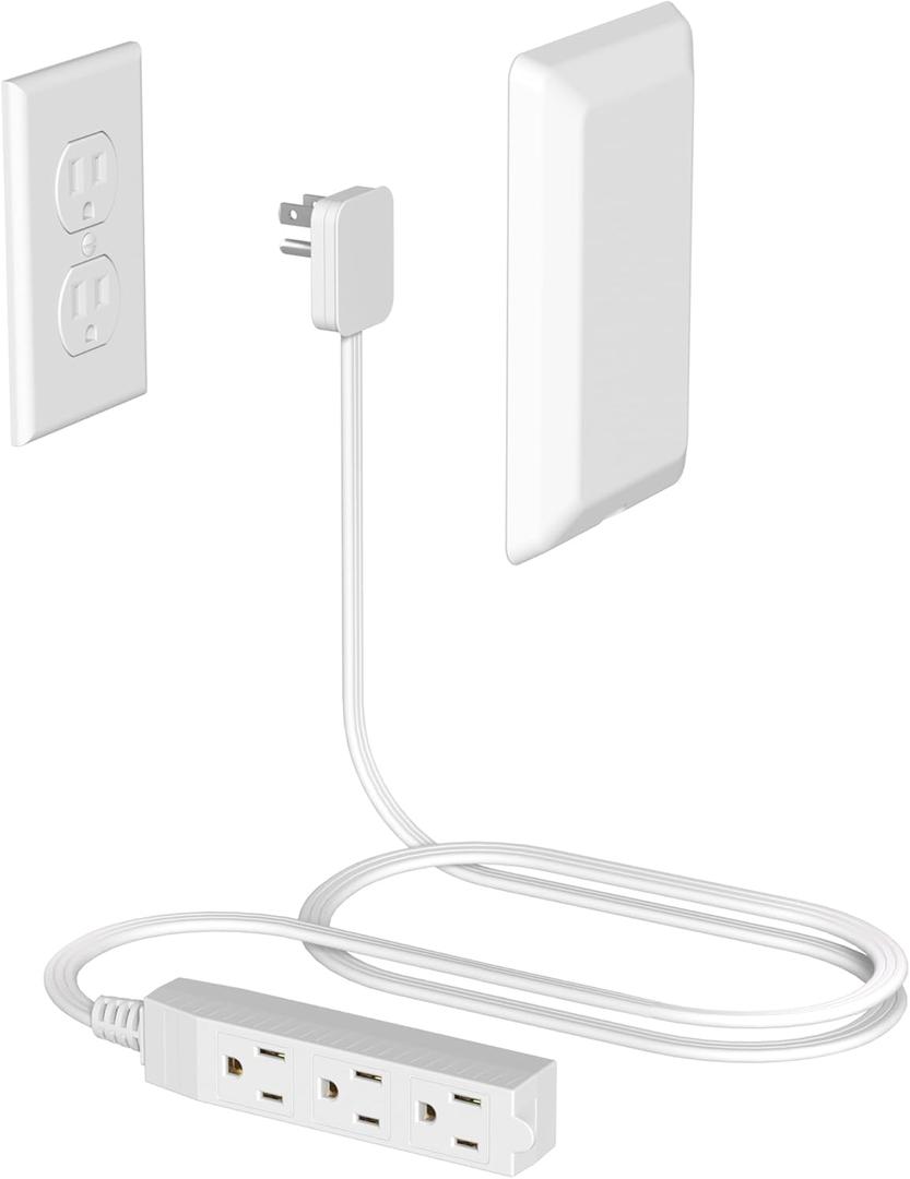 Flat Plug Power Strip Wall Outlet, 3 AC Outlets, Ultra Thin Extension Cord, Multi Socket Extender for Home Office, Dorm Room Essentials for Girls and Boys (White 3ft)