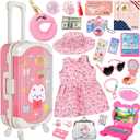 Doll Suitcase Travel Sets, 18 inch Doll Clothes and Accessories - 28 Pcs Travel Pillow, Unicorn Bag, Sunglasses, Camera, Computer, Phone, Passport, Birthday Gifts for Age 3 4 5 6 7 Year Old Girls