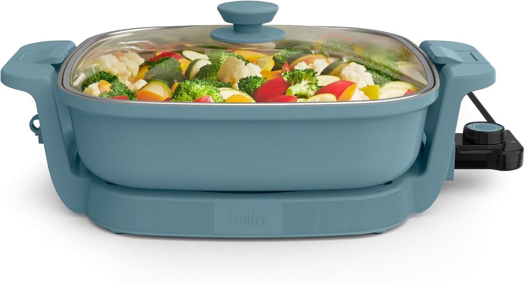 bella Make & Take Electric Skillet, Fits-anywhere kitchenware, EverGood Ceramic Coating, Adjustable Temperature & Dishwasher-Safe Tempered Glass Lid, Cast Aluminum Base, 1200 Watt, Surf