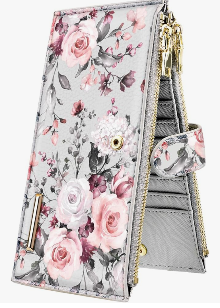 Womens RFID Blocking Multi Card Organizer Bifold Wallet with Zipper Pocket,Grey Flowers