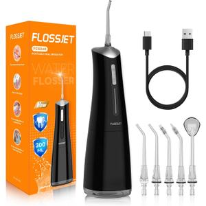 Water Dental Flosser Cordless Oral Irrigator with 300ml 5 Tips 4 Modes USBCharger Portable Travle Irrigation Cleaner IPX7 Electric Irrigador Dental for Teeth Cleaning (Black)