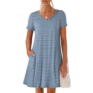 ANRABESS Women's Summer T Shirt Dress Casual V Neck Short Sleeve Floral Boho Flowy Mini Dresses 2026 Beach Vacation Clothes (Blue, M)