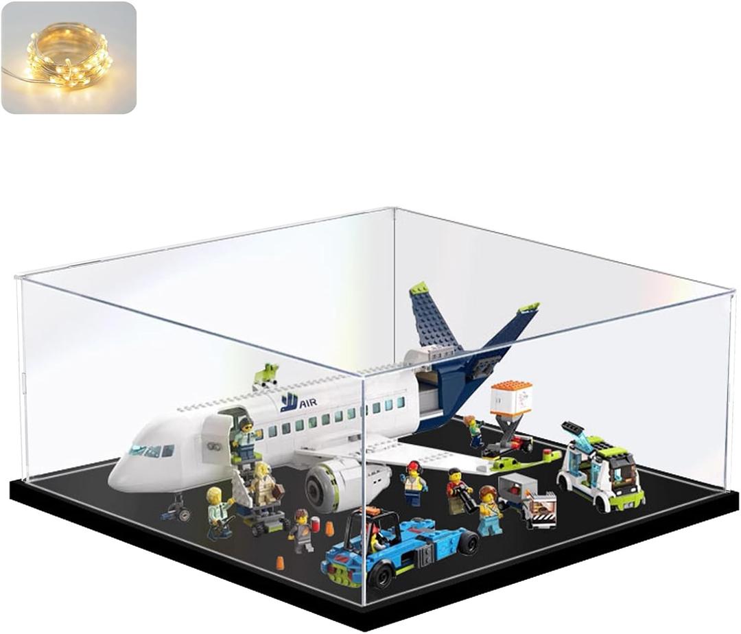 Thickened Clear Acrylic Display Case for Lego 60367 Passenger Airplane Collectibles, Transparent Box Large Dustproof Protection with Wood-Plastic Base & String Light, Black Inside 19.7x19.7x9.8 inch