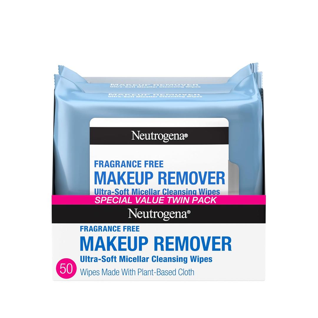 Neutrogena Fragrance-Free Makeup Remover Wipes, Daily Facial Cleanser Towelettes, Gently Removes Oil & Makeup, Makeup Wipes, Twin Pack, 2 x 25 ct