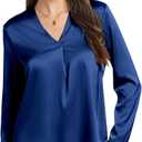 Womens Silk Satin Blouses V Neck Long Sleeve Tops Casual Dressy Shirts (Blue)