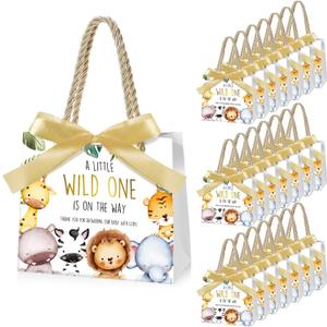 Spakon 25 Set Safari Baby Shower Party Favors Goodie Bag a Little Wild One Is on the Way Gift Jungle Animals Print Treat Bags with and Bow Ribbon Baby Shower Birthday Party Supplies