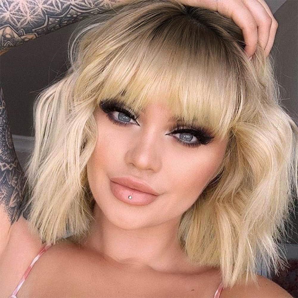 MISSQUEEN Short Blonde Wig with Bangs Synthetic Wavy Blonde Bob Wig Curly Heat Resistant Ombre Blonde Hair Wig for Women Daily Party Halloween Use