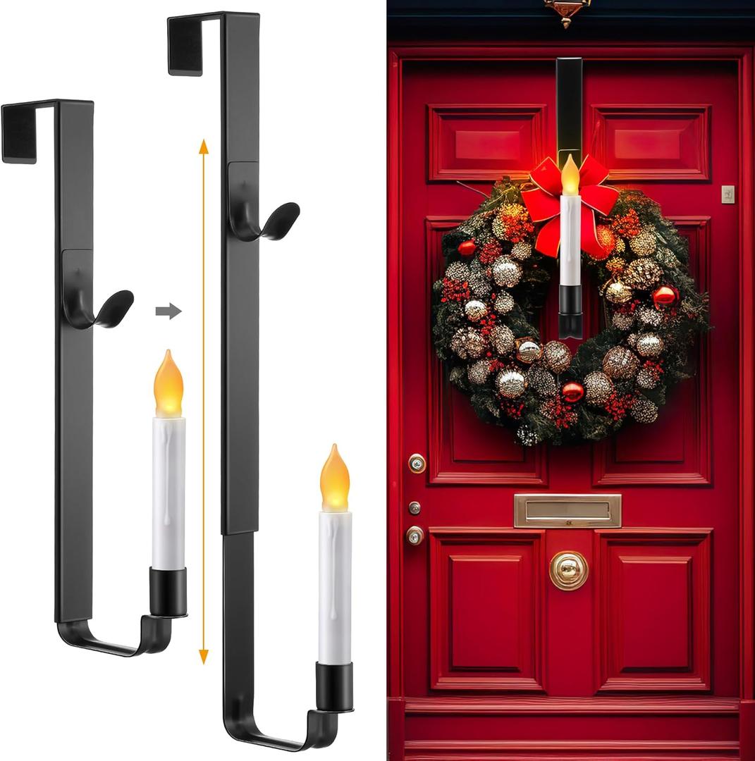 Enhon Christmas Wreath Hanger for Front Door with Candle Holder and Flameless Candle, Adjustable Wreath Hanger from 15.7 to 26", Fits Doors up to 2" Thick, 20lbs Capacity(Black,1 Pack)