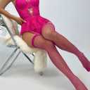 Women Lingerie Set Naughty Lace Bodysuit High Waisted Underwire Lingerie Babydoll With Garter Belt and Stockings (Pink)